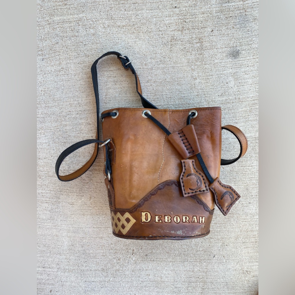 ‘Deborah’ Tooled Brown Leather Bucket Crossbody Purse Bag